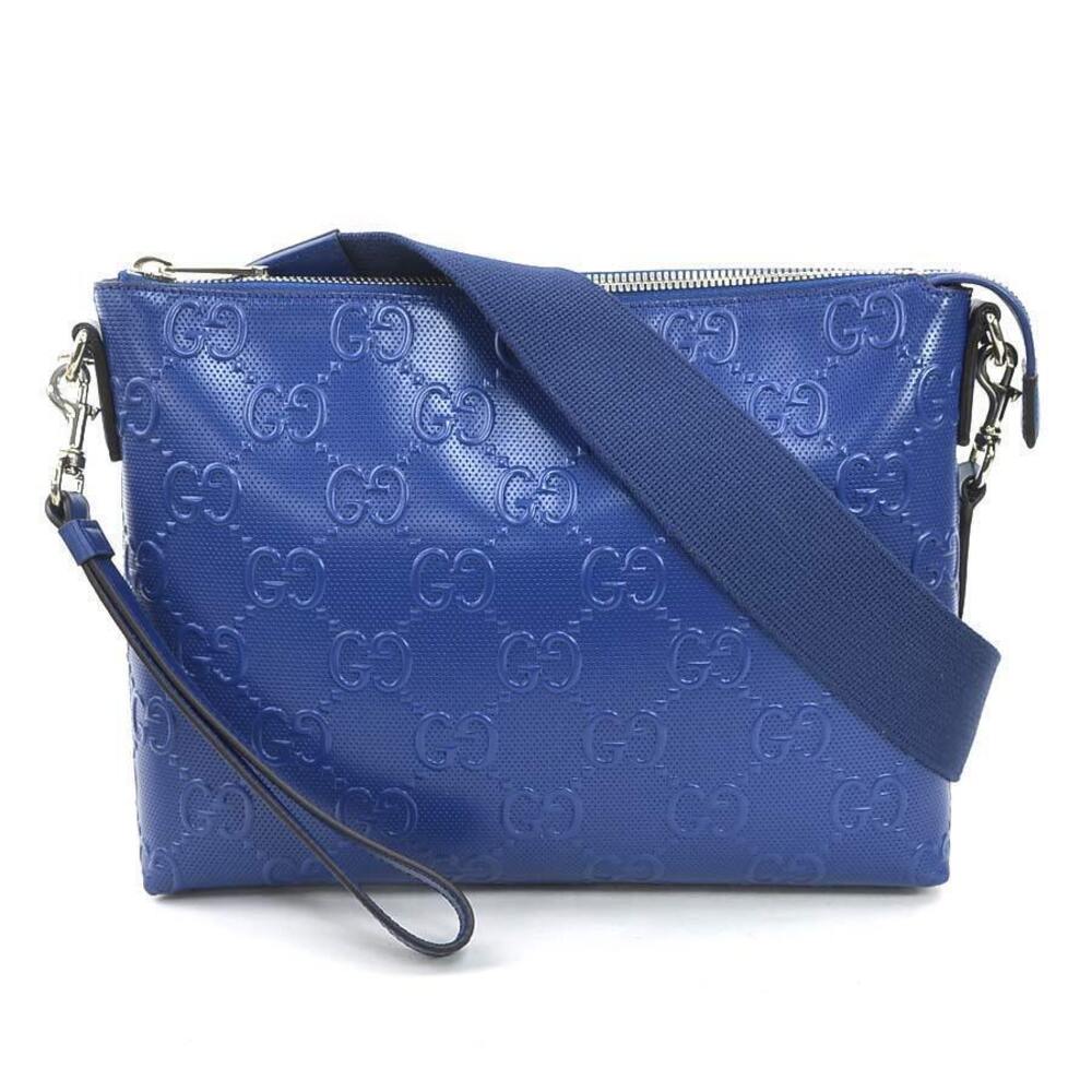 Gucci Pouch GG Embossed Leather Crossbody Bag Blue Silver